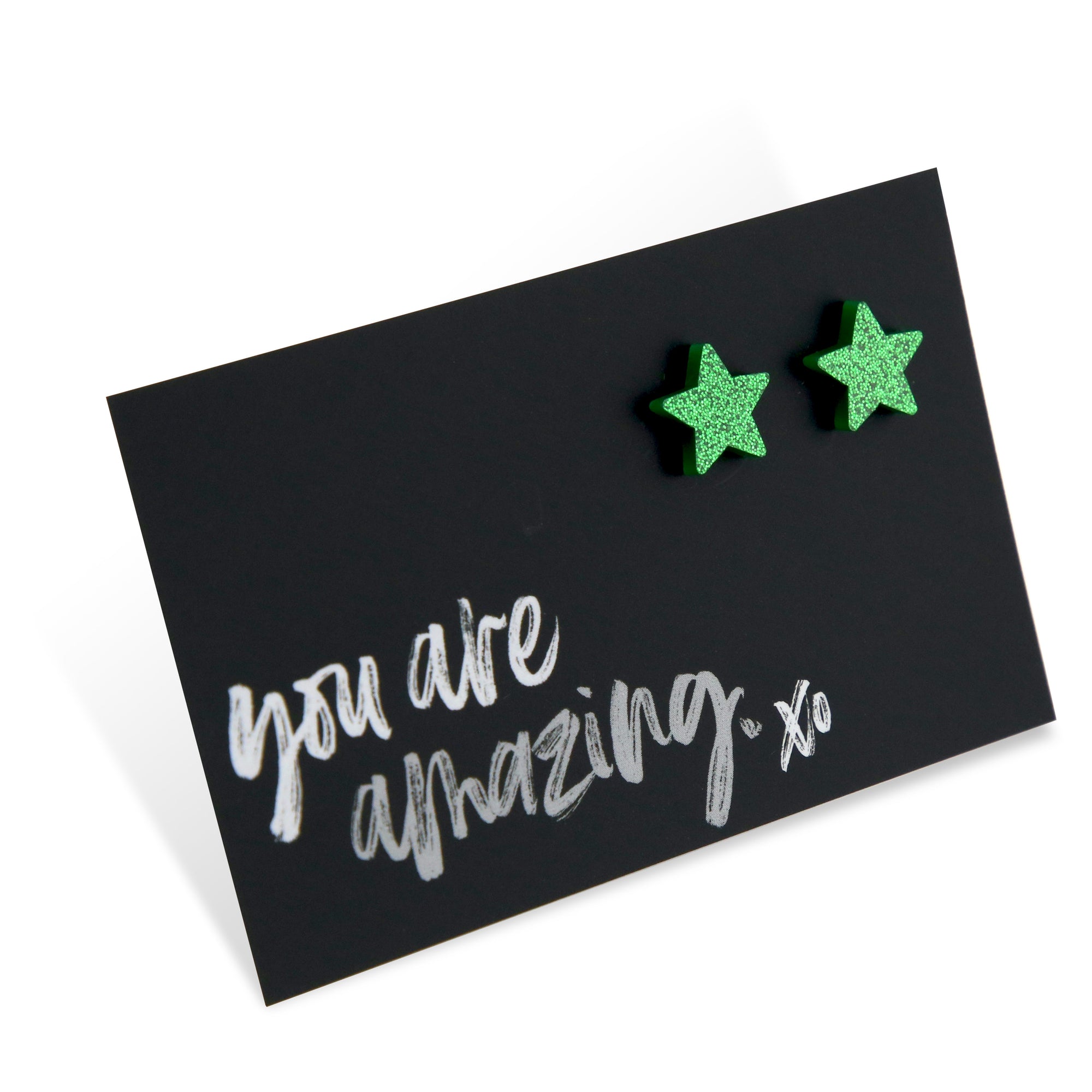 Green glitter star stud on you are amazing card. 