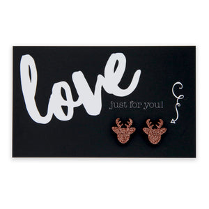 Sparkle Acrylic Studs - Love Just For You - Rose Gold Glitter Reindeer (9204)