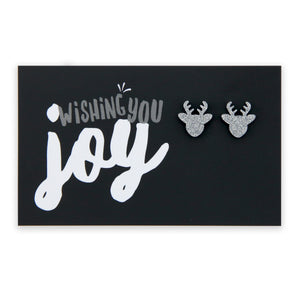 Silver glitter reindeer earring studs on wishing you joy card. 