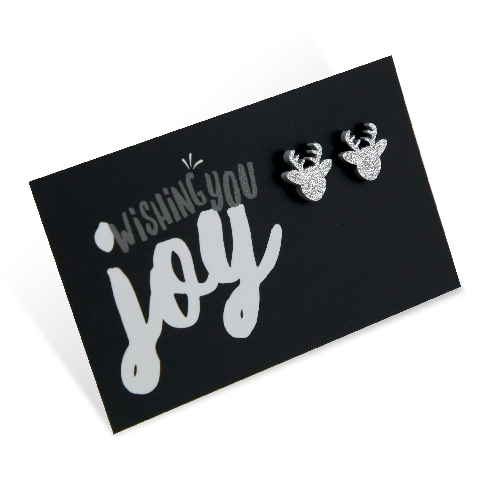 Silver glitter reindeer earring studs on wishing you joy card. 