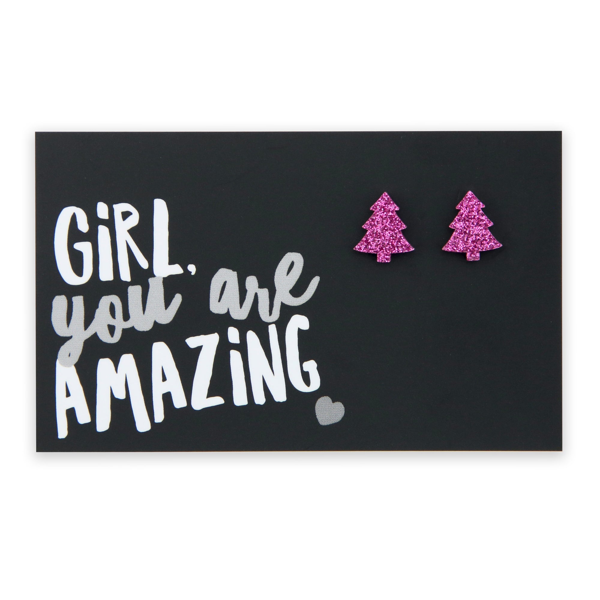 Sparkle Acrylic Studs - Girl You Are Amazing - Pink Glitter Christmas Tree (9203)