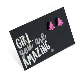 Pink glitter sparkle Christmas tree acrylic earring studs