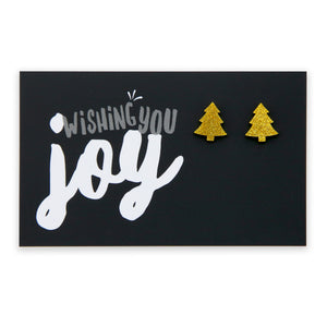 Gold glitter shimmer christmas tree earring studs on wishing you joy card. 