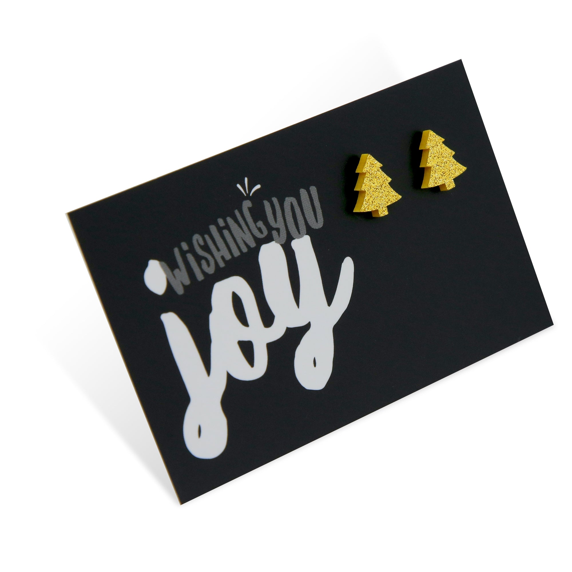 Gold glitter shimmer christmas tree earring studs on wishing you joy card. 