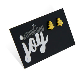 Gold glitter shimmer christmas tree earring studs on wishing you joy card. 