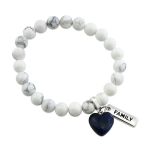 White marble howlite stone bead bracelets with stone heart charm in midnight blue and meaningful word charms. 