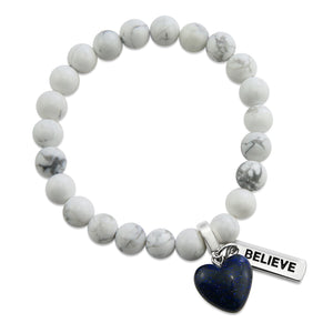 White marble howlite stone bead bracelets with stone heart charm in midnight blue and meaningful word charms. 