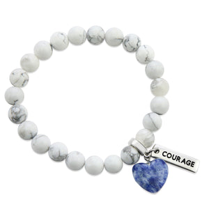 White marble howlite stone bracelet with sodalite stone heart shaped charm and inspiring word charm