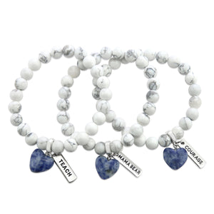 White marble howlite stone bracelet with sodalite stone heart shaped charm and inspiring word charm