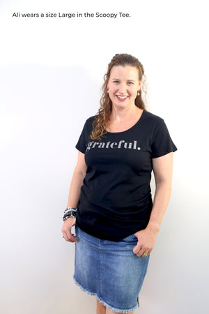 Grateful Tee - White Scoopy - Charcoal Shimmer Print