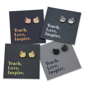 Silver, Rose Gold, Gold and Black Stainless Steel Apple Shaped Studs on A foil teach love inspire card.