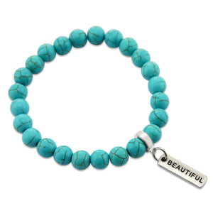 Stone Bracelet - Turquoise 8mm Beads - with Silver Word charm