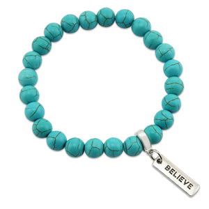 Stone Bracelet - Turquoise 8mm Beads - with Silver Word charm