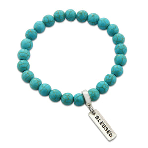 Stone Bracelet - Turquoise 8mm Beads - with Silver Word charm