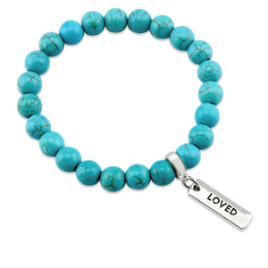 Stone Bracelet - Turquoise 8mm Beads - with Silver Word charm