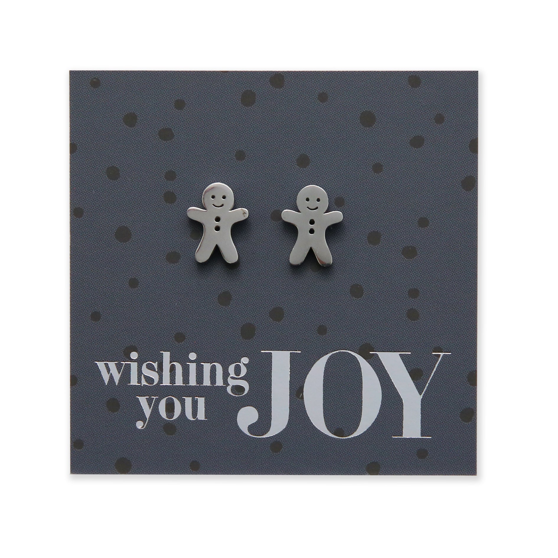 Silver, rose gold, gold and black stainless steel gingerbread cookies on foil wishing you joy card.