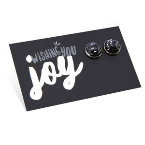 Black and silver glitter stud earrings with silver surround on wishing you joy card.